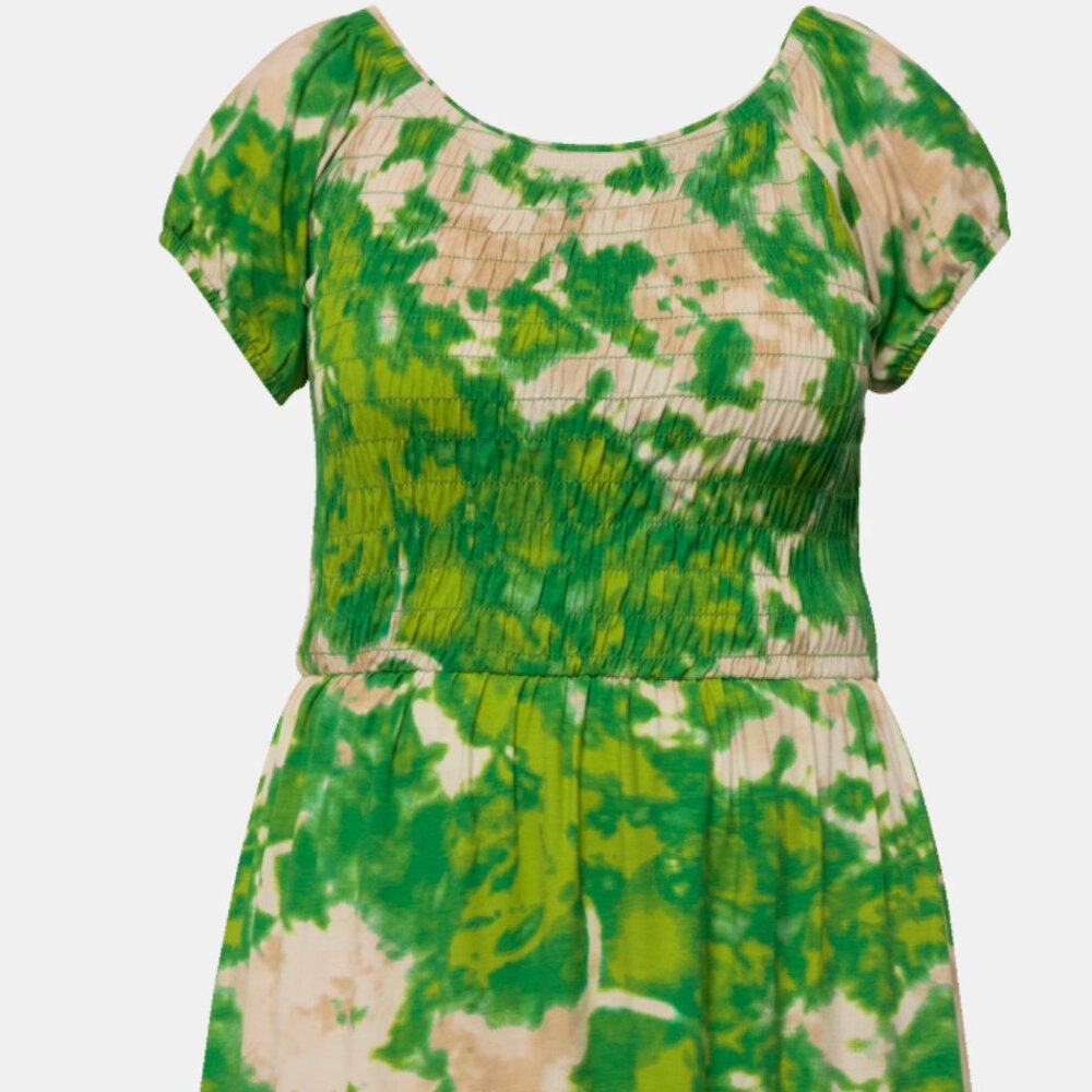 Half-Sleeve Smocked Bust All-Over Print Crew Neck Jersey Maxi Dress